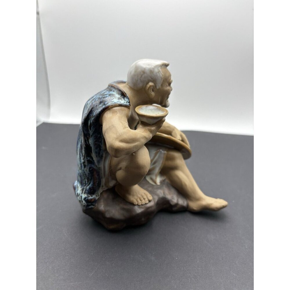 Vintage Shiwan Chinese Mudman Statue Figurine Sitting Old Man Eating 5.5”x5 - Picture 2 of 7
